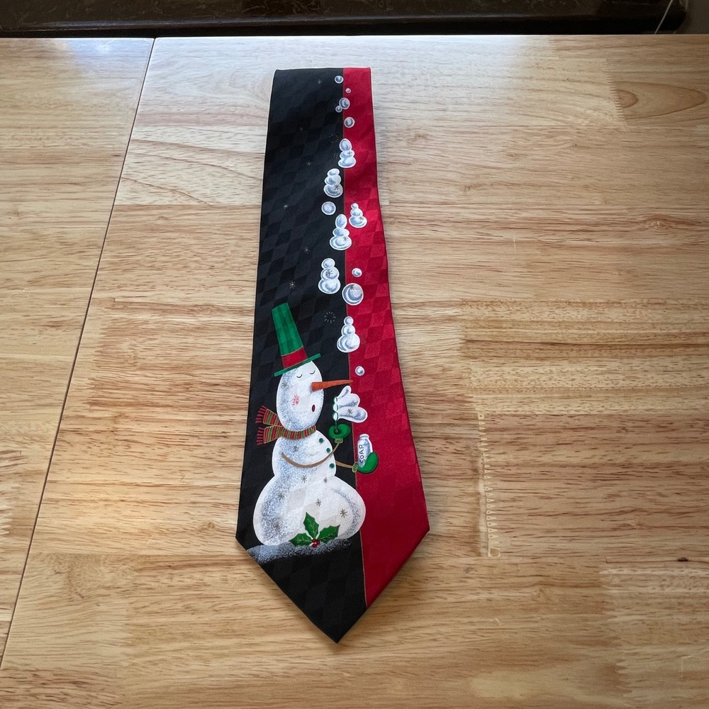 Cool Yule Hallmark Mens Silk Tie Christmas Snowman Black Red Harlequin Holiday